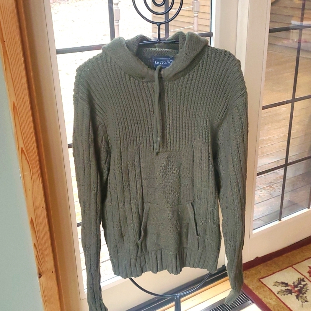 Le Tigre Vintage 1/4 Zip Kangaroo Pockets L Slv Hunter Green Sz L Hooded Sweater